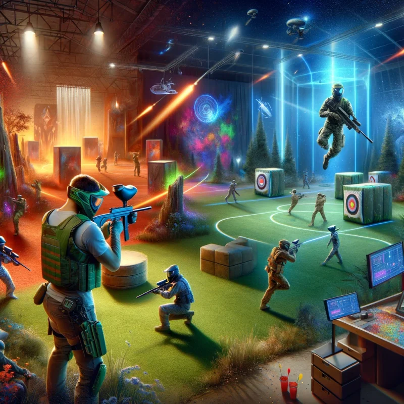 Une scène vibrante et colorée où Archery Tag, Paintball, Laser Tag et Tir à l'Arc coexistent harmonieusement dans un vaste espace intérieur. Des joueurs équipés de divers équipements sportifs participent activement à leurs jeux respectifs, avec des flèches volantes, des billes de peinture en mouvement et des rayons laser qui traversent l'espace, créant une atmosphère dynamique et compétitive