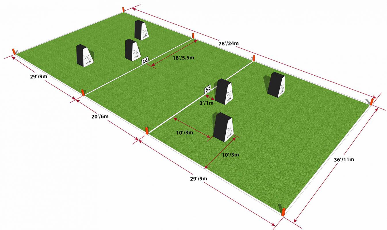Illustration en 3D d'un terrain d'Archery Tag avec des dimensions et des bunkers stratégiquement placés